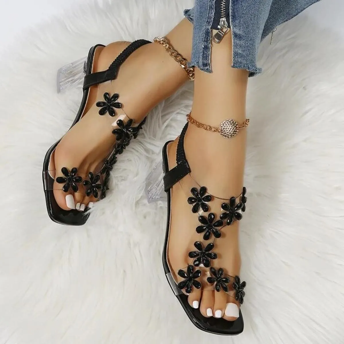 Sandali da donna estivi Scarpe con fiori in cristallo in PVC per le donne Decorazione Sandali con tacco grosso Scarpe da donna c
