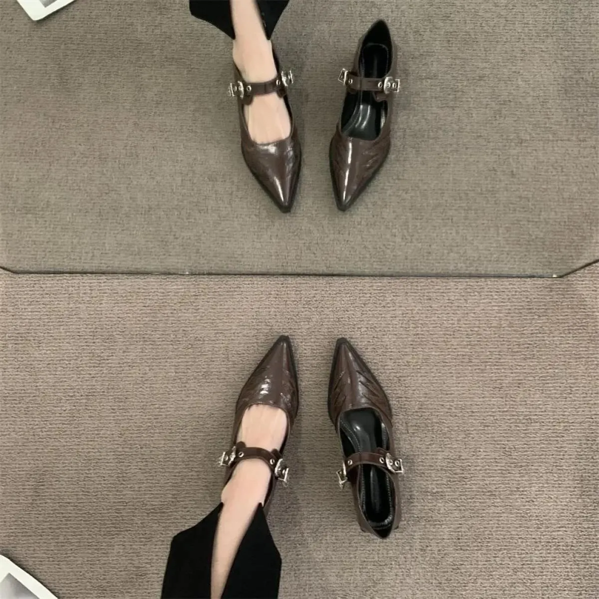 Scarpe a punta Scarpe moda tacco basso basso Scarpe da donna Scarpe casual da donna con cinturino alla caviglia