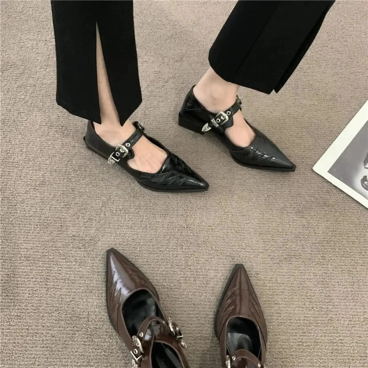 Scarpe a punta Scarpe moda tacco basso basso Scarpe da donna Scarpe casual da donna con cinturino alla caviglia
