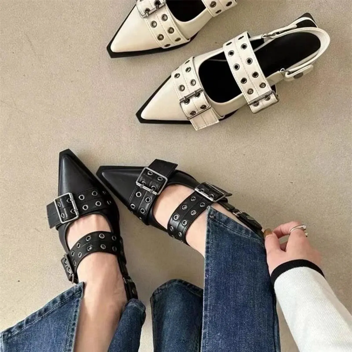 Scarpe slingback Tacco grosso gotico Décolleté da donna Rivetto Street Style Tacco medio Sandali casual vintage Primavera Estate