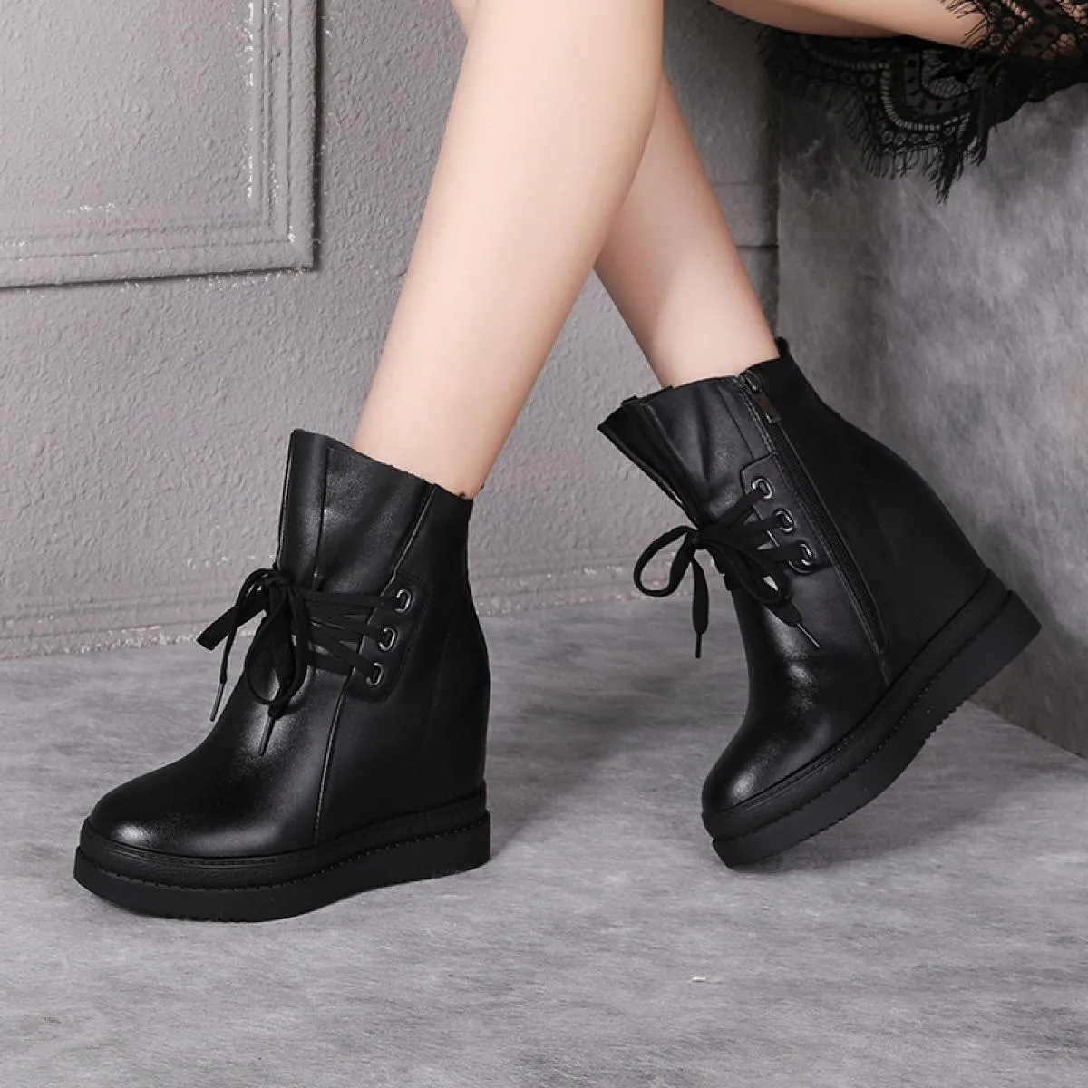 Stivaletti autunno inverno donna zeppe tacchi alti scarpe con plateau scarpe da donna in pelle crosta con tacco spesso scarpe fi