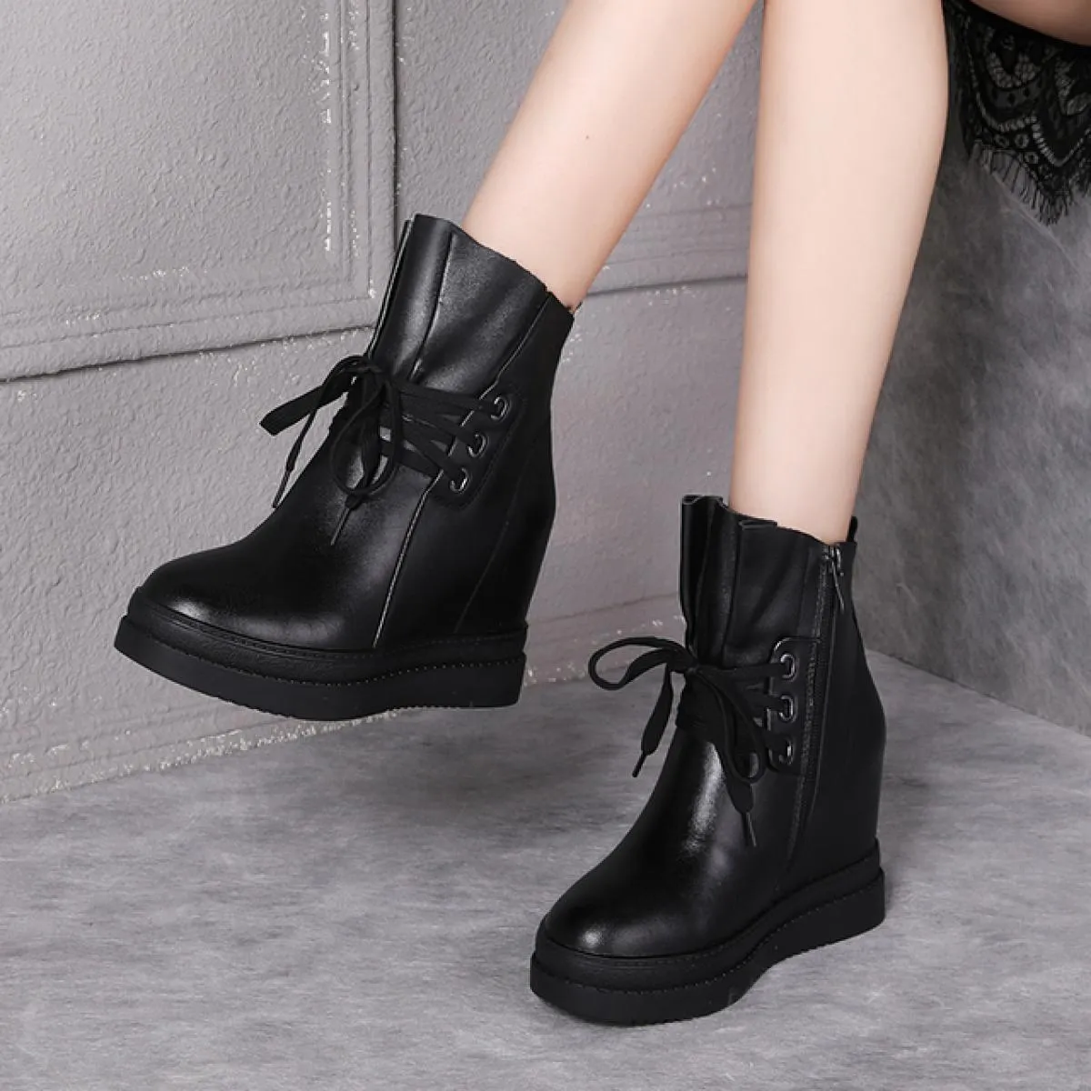 Stivaletti autunno inverno donna zeppe tacchi alti scarpe con plateau scarpe da donna in pelle crosta con tacco spesso scarpe fi