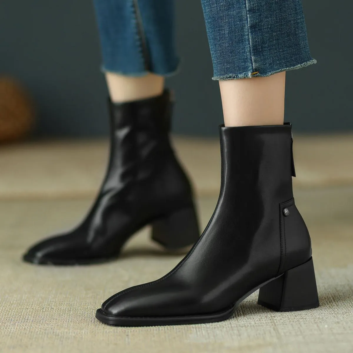Stivaletti con tacco alto da donna in vera pelle punta quadrata cerniera posteriore scarpe da festa basic da donna autunno inver