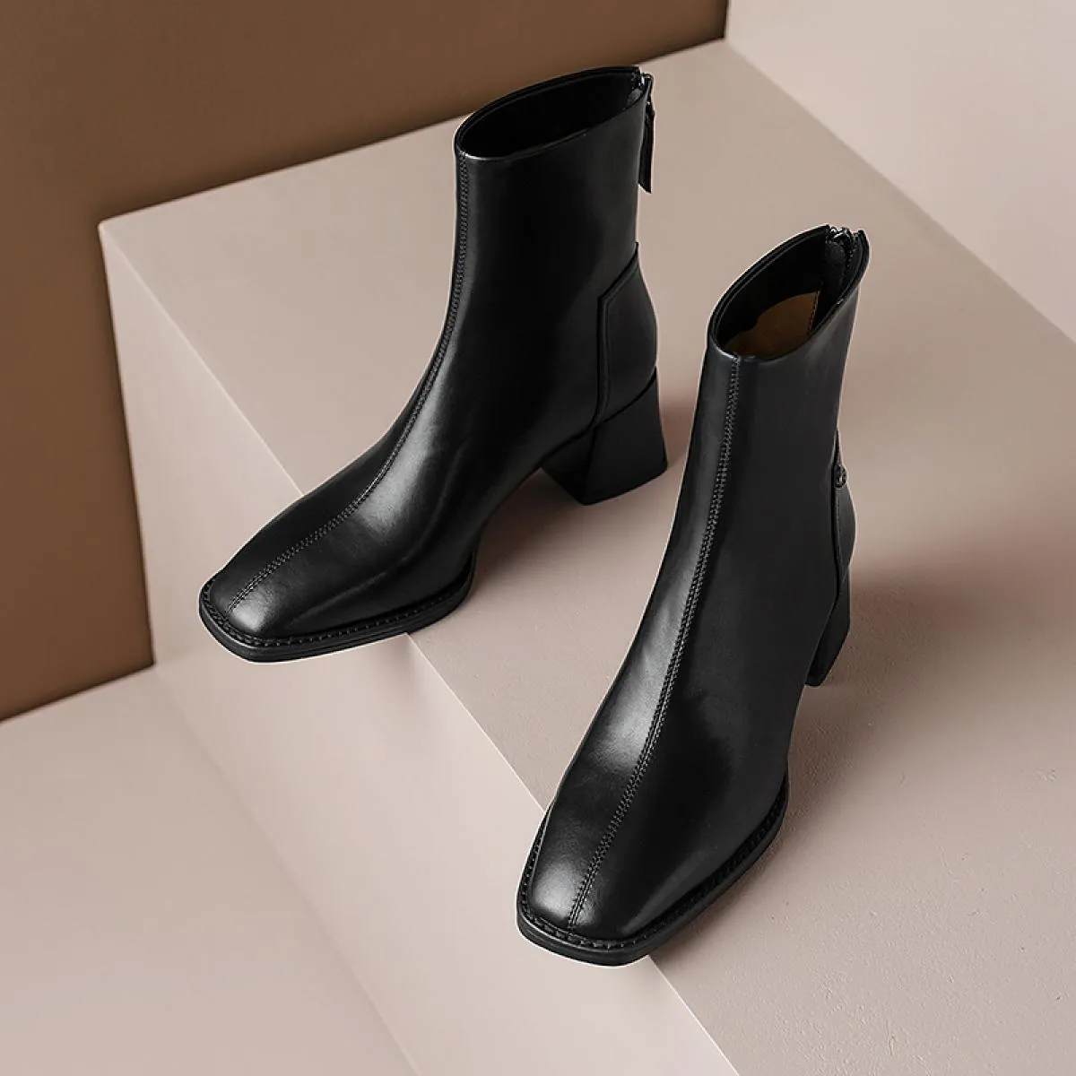 Stivaletti con tacco alto da donna in vera pelle punta quadrata cerniera posteriore scarpe da festa basic da donna autunno inver