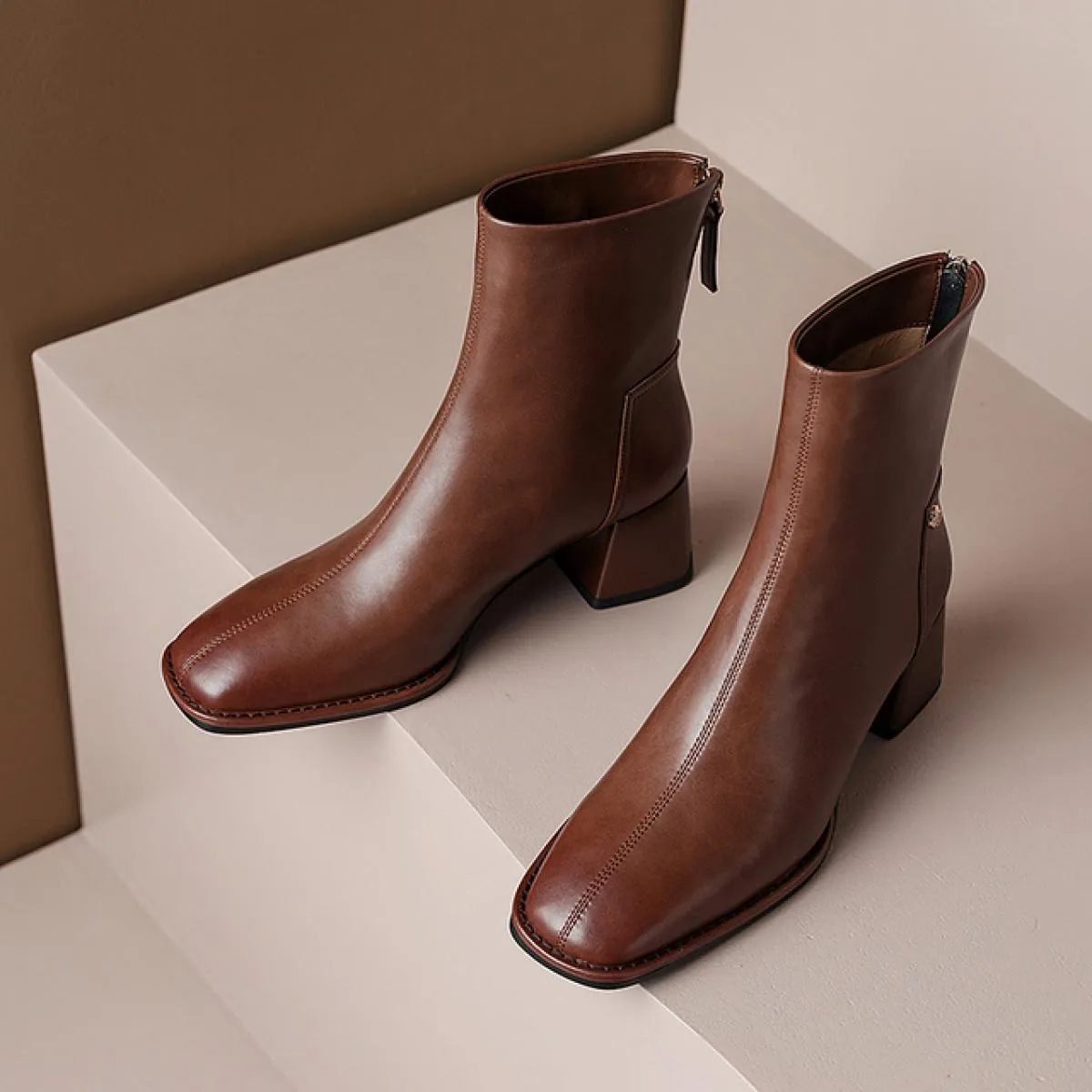 Stivaletti con tacco alto da donna in vera pelle punta quadrata cerniera posteriore scarpe da festa basic da donna autunno inver