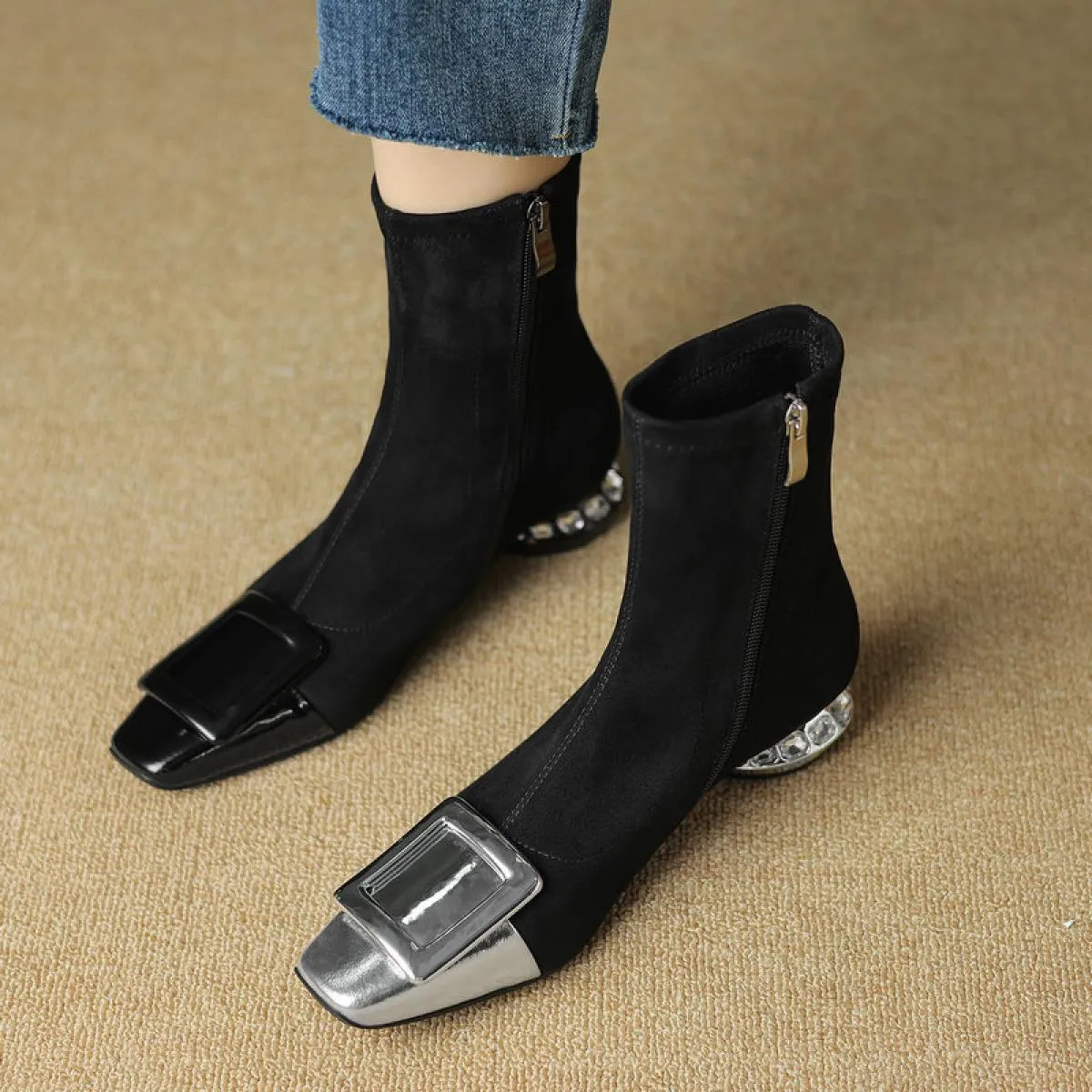 Stivaletti da donna Patchwork Punta quadrata Tacco basso Scarpe eleganti casual da ufficio in vera pelle da donna Taglia 34 42