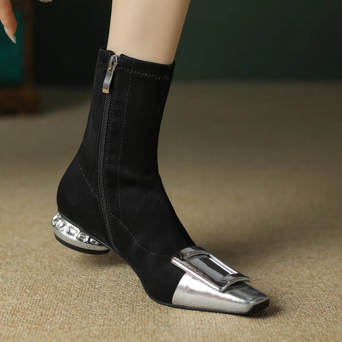 Stivaletti da donna Patchwork Punta quadrata Tacco basso Scarpe eleganti casual da ufficio in vera pelle da donna Taglia 34 42