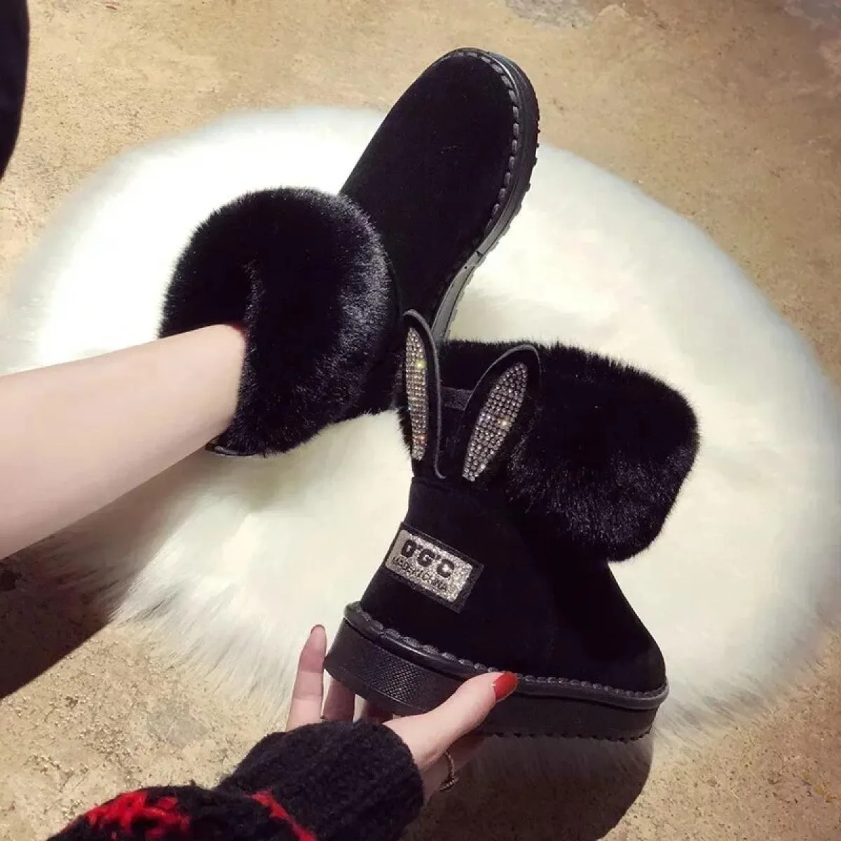 Stivaletti per donna Stivali da donna in vera pelle Vera pelliccia di volpe Scarpe invernali calde Punta tonda nera Casual Fisch
