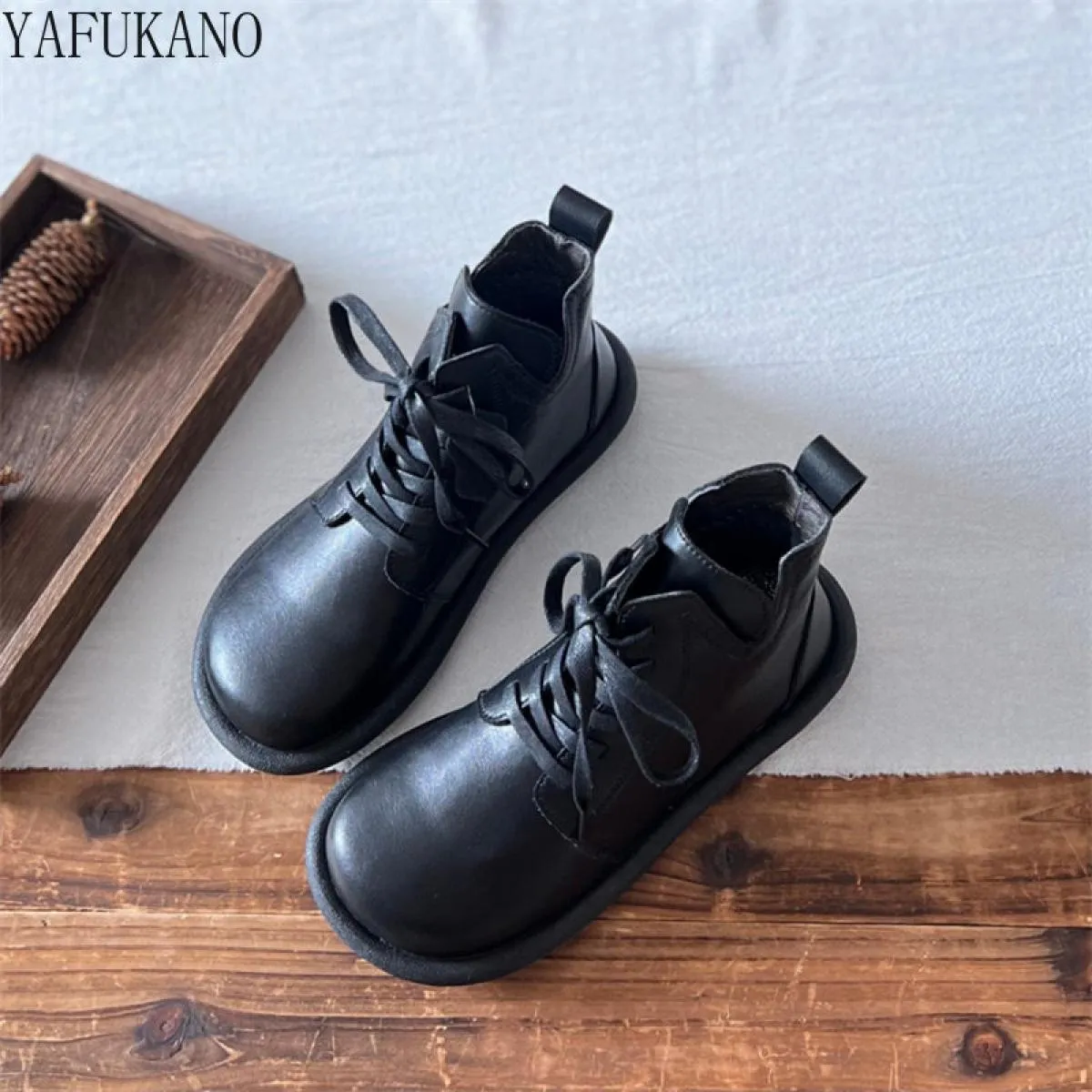 Stivali da donna in vera pelle Mori Girl Stivaletti stringati retrò letterari Originali fatti a mano con suola morbida Comfort p