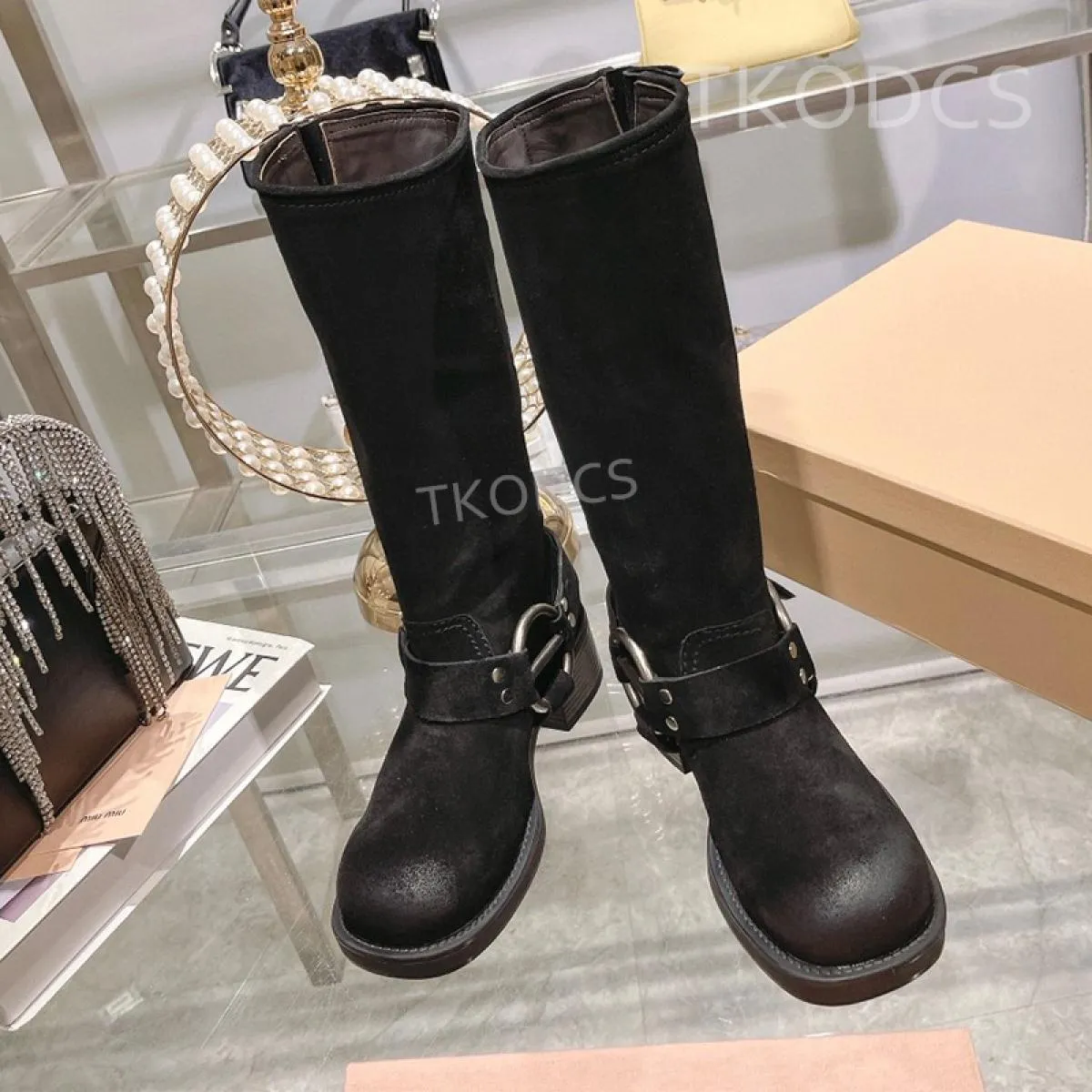Stivali lunghi da donna autunno inverno Stivali lunghi in vera pelle di alta qualità con punta quadrata Stivaletti con tacco gro