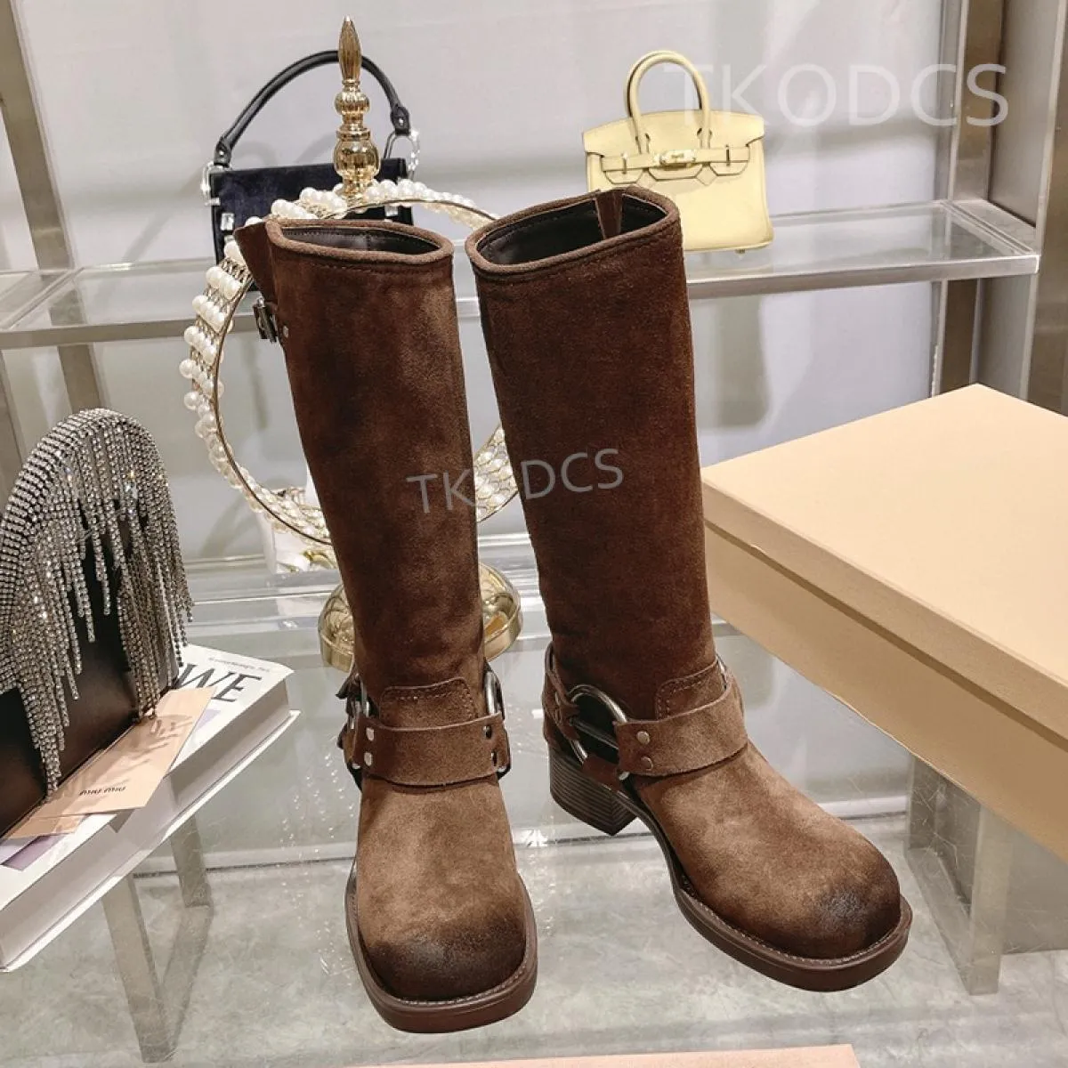 Stivali lunghi da donna autunno inverno Stivali lunghi in vera pelle di alta qualità con punta quadrata Stivaletti con tacco gro