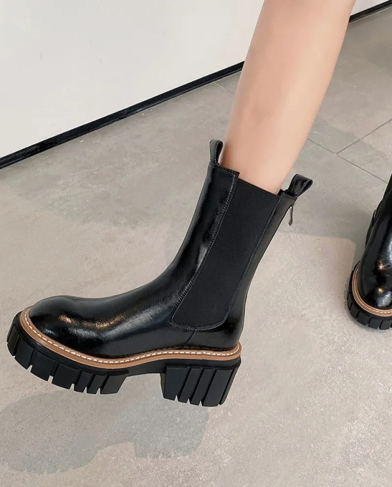 Wholesale British Retro Thick-soled Chimney Boots Casual Round Toe Thick Heel Chelsea Boots Cowhide High Heel Short Boot