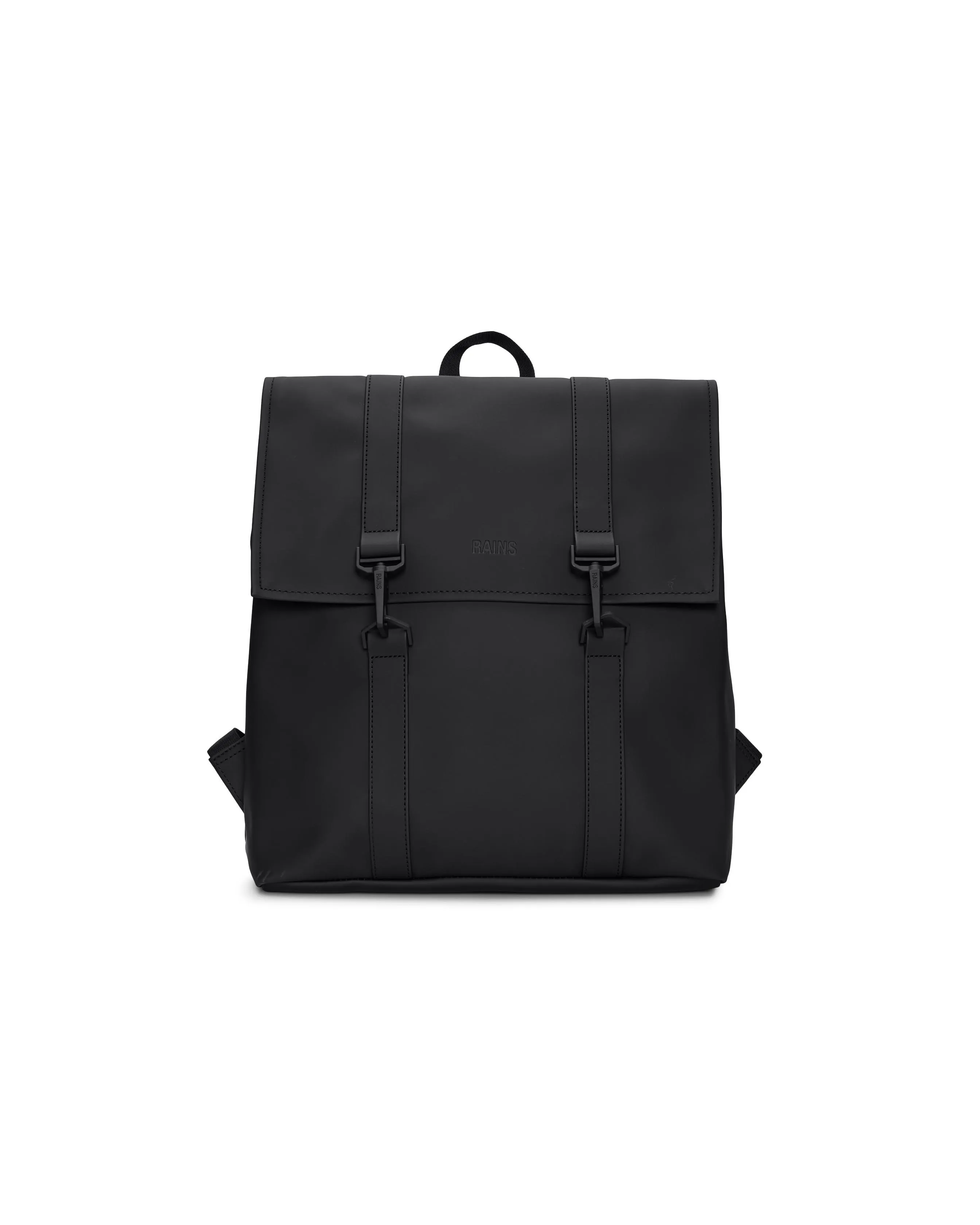 Zaino Msn Bag Mini nera in tessuto tecnico impermeabile effetto gommato con doppia chiusura a cartella con moschettoni